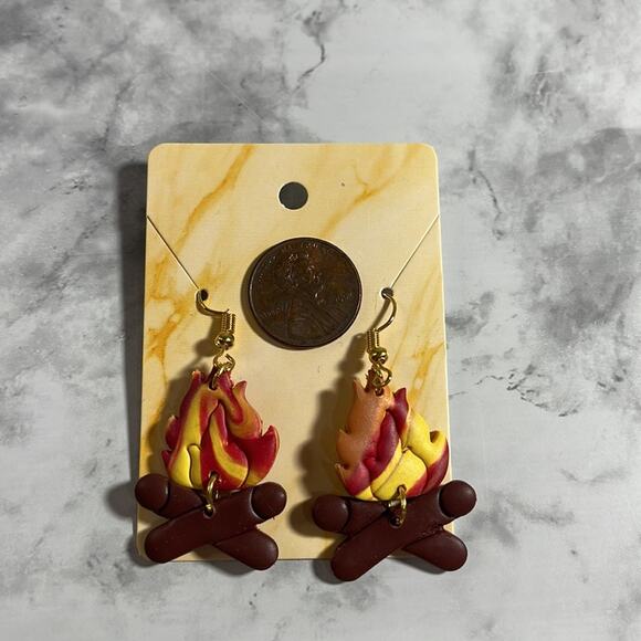 Handcrafted Campfire Dangle Earrings with Gold Toned Fishhook Backs - Picture 2 of 5